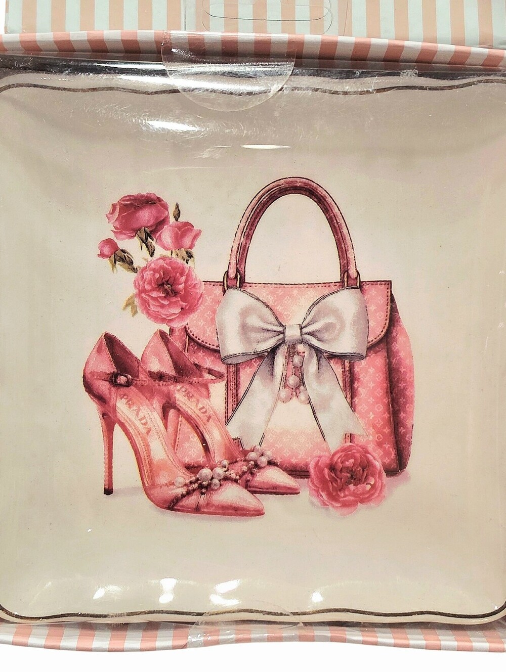 At Home Prada Floral Bow Accent Handbag & Heels Ceramic Decorative Trinket Plate